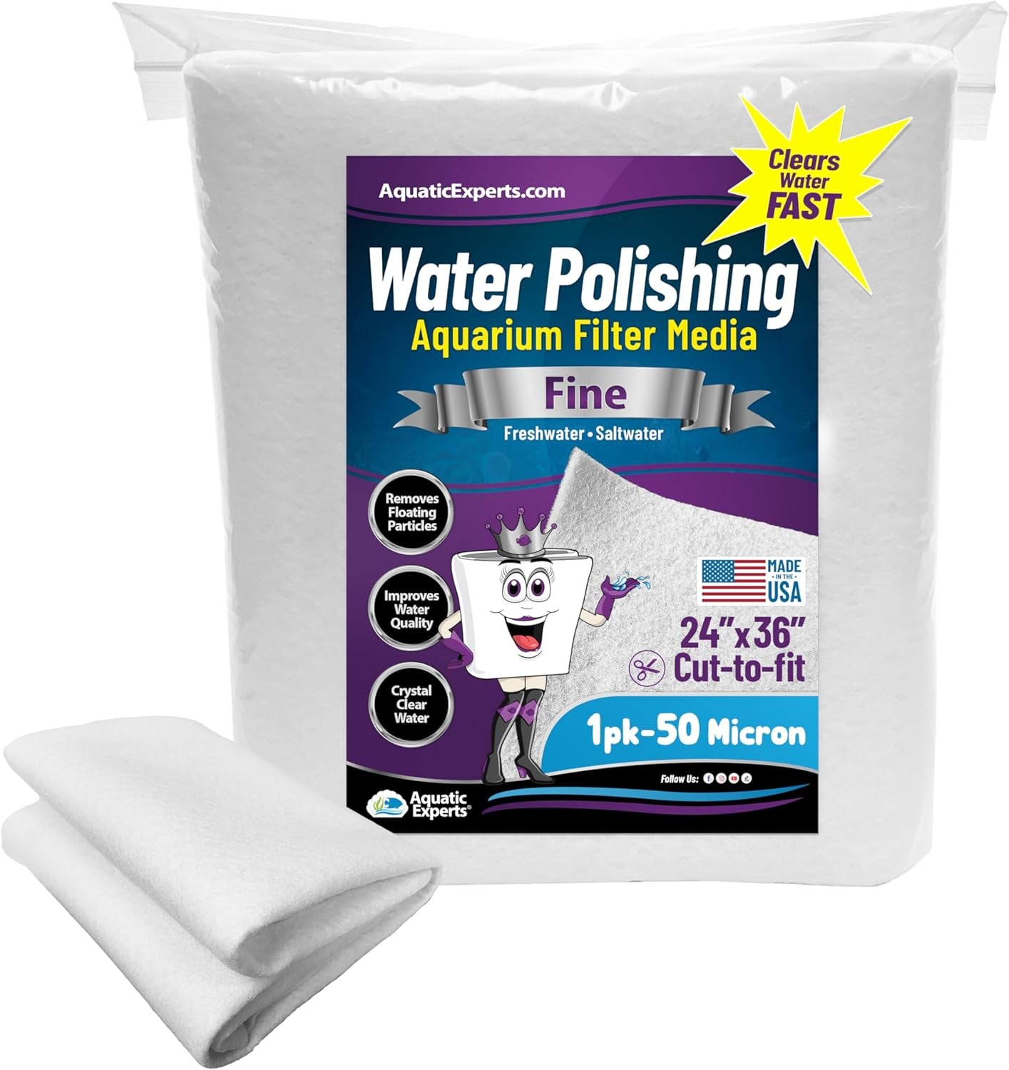 Aquarium Polishing Filter Pad, Water Polishing Pad for Aquarium Filters, Filter Floss for Fish Tank Filters, (50 Micron, 24" X 36" - 1 Pack)