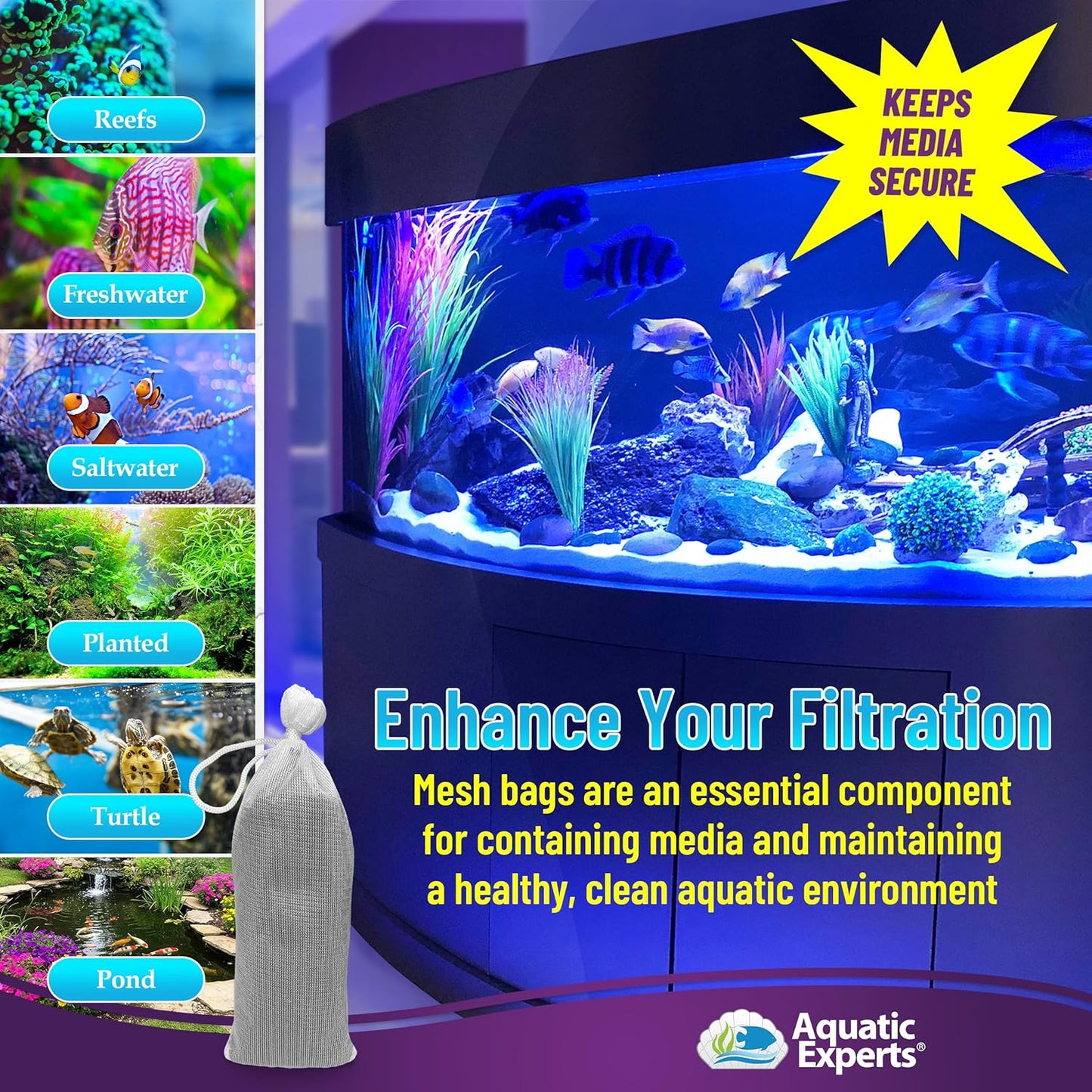 Fine Aquarium Media Bag, Durable Drawstring Bags for Fish Tank Filters, 450 Micron Mesh, (Fine, 3"X 8" - 4 Pack)