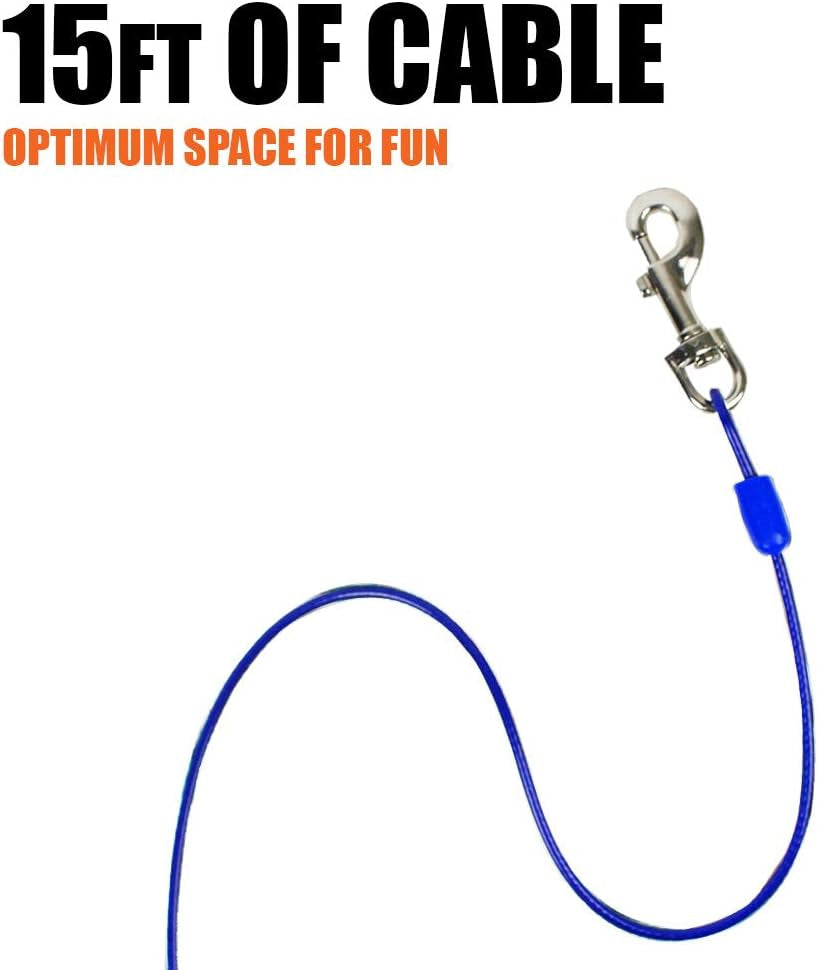 Dog Tie Out Cable 15 Feet - Heavy Duty Dog Lead up to 60 Pounds - Reflective & Rust-Free with Quick Release Swivel Clips & 360° Rotating Clasp - Tangle-Free Dogs Runner for Yard (Blue, Single)