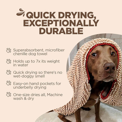 Soggy Doggy Super Shammy Dog Towel - Microfiber Chenille Towel for Drying Dogs and Cleaning Paws - Fast Drying with Hand Pockets for Ease (Beige/Red Trim, 31” X 14”)