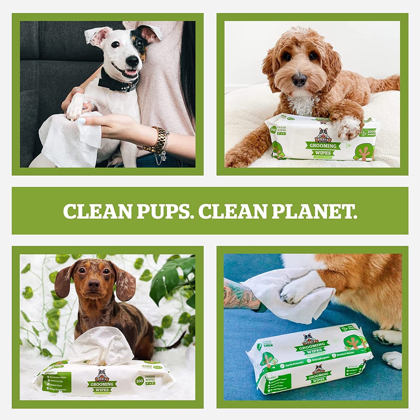 Pogi’S Dog Grooming Wipes – Hypoallergenic Pet Wipes for Paws, Body & Butt – Cleaning & Hydrating, Green Tea Scent, 100-Count