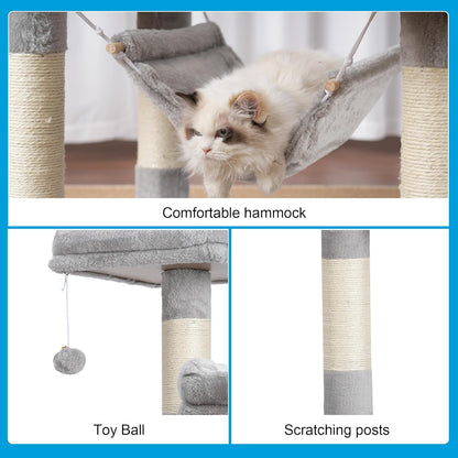 Large Multi-Level Cat Tree Condo Furniture with Sisal-Covered Scratching Posts, 2 Bigger Plush Condos, Perch Hammock for Kittens, Cats and Pets Light Gray MPJ020W