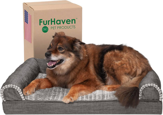 Cooling Gel Dog Bed for Large/Medium Dogs W/ Removable Bolsters & Washable Cover, for Dogs up to 55 Lbs - Luxe Faux Fur & Performance Linen Sofa - Charcoal, Large