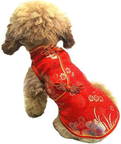 Pet Costume Tang Suit Dog Cheongsam Satin Clothes Chinese Style Clothing for Dogs Pet Skirt Puppy Cats Dress Dog Vest Tshirt (Red, XS)