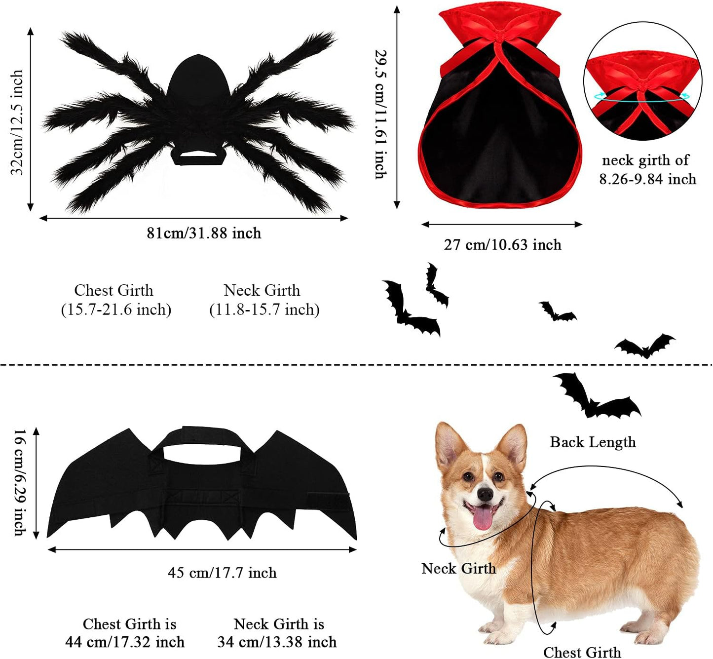 3 Piece Halloween Cat Dog Costume Set, Pet Bat Witch Vampire Pumpkin Cloak Giant Imitation Pet Spider Pets Costume Cosplay Accessories Halloween Pets Decoration for Dogs Puppy Cats (Gothic,M)