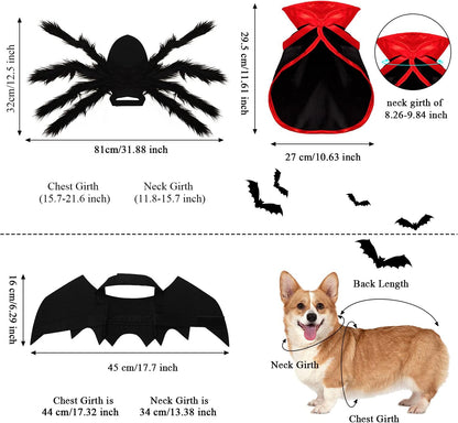 3 Piece Halloween Cat Dog Costume Set, Pet Bat Witch Vampire Pumpkin Cloak Giant Imitation Pet Spider Pets Costume Cosplay Accessories Halloween Pets Decoration for Dogs Puppy Cats (Gothic,M)