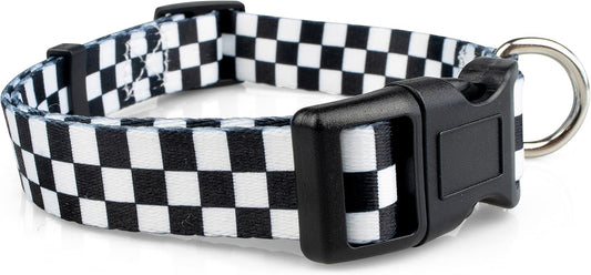 Checkered Pattern Dog Collar in Black & White - Adjustable Dog Collar for Boy and Girl Dogs with Quick Release Buckle by , Medium