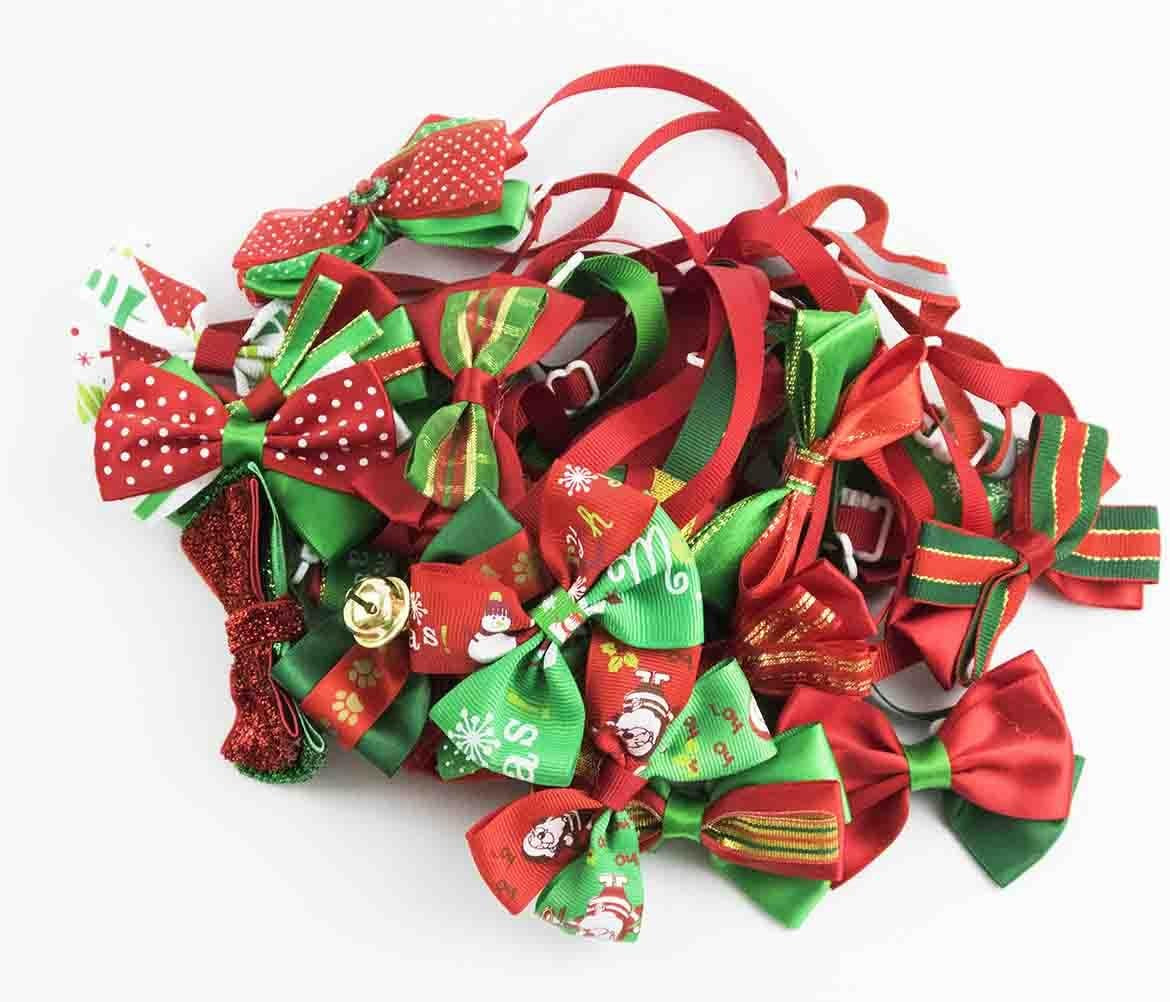 50Pcs Pack Bulk Christmas Small Dogs Bow Ties Collar Costume Cute Cats Adjustable Bowties Neckties Xmas Pet Grooming Accessories Assorted Randomly