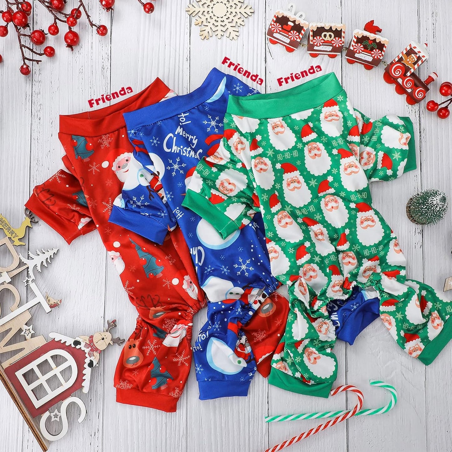 3 Pieces Christmas Dog Pajamas Dog Jumpsuit Santa Snowman Pet Clothes Christmas Pet Pajamas Holiday Costume Jumpsuit for Puppy Cat(Classic Pattern,L (Fit 7.7-9.9Lbs))