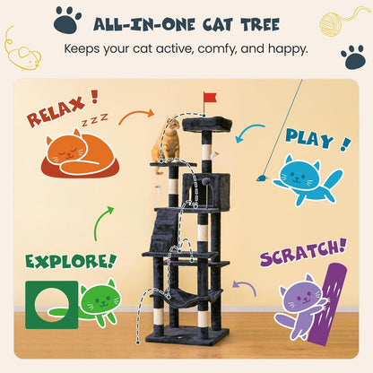 63.8 Inches Multi-Level Cat Tree for Large Cats with Sisal-Covered Scratching Posts, Padded Platform, Hammock and Condo,Stable Cat Tower Cat Condo Pet Play House-Smoky Gray
