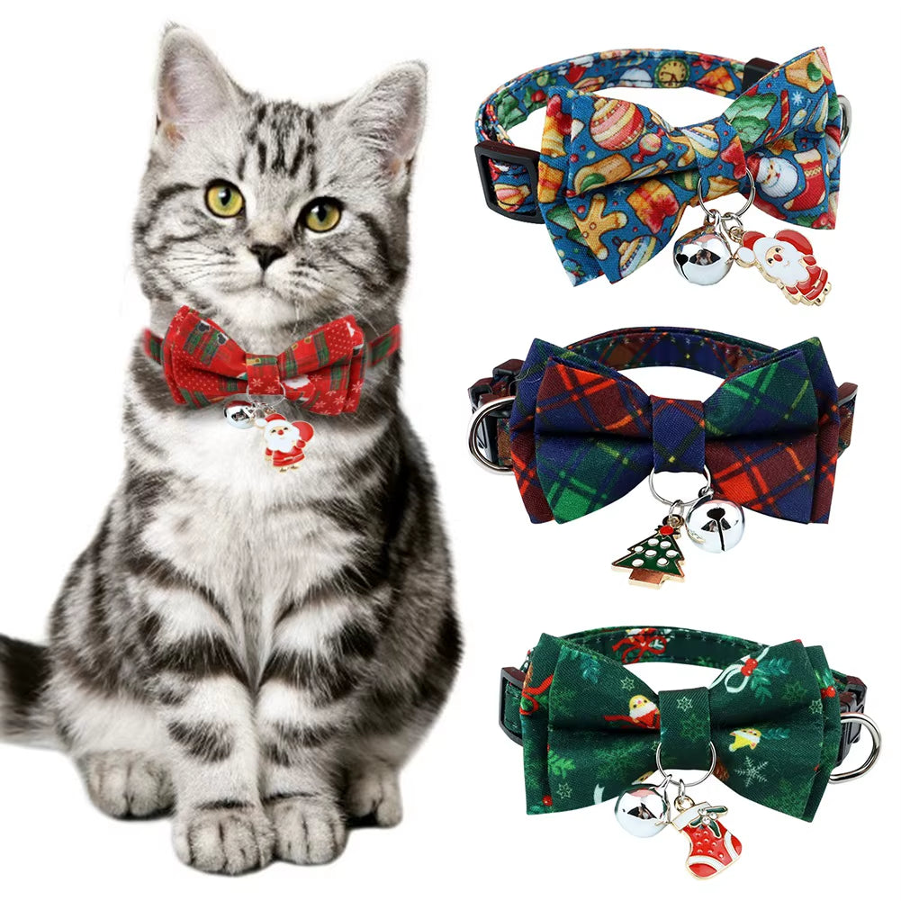 Christmas Cat Collar Breakaway with Bell Bow Tie 1 Pack Nylon Adjustable Kitten Collars Holiday Outfit Dressing up Necklace