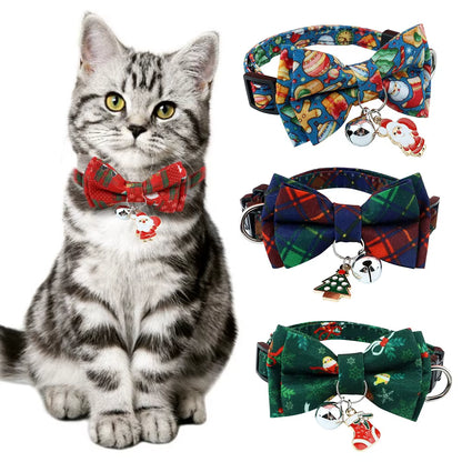Christmas Cat Collar Breakaway with Bell Bow Tie 1 Pack Nylon Adjustable Kitten Collars Holiday Outfit Dressing up Necklace