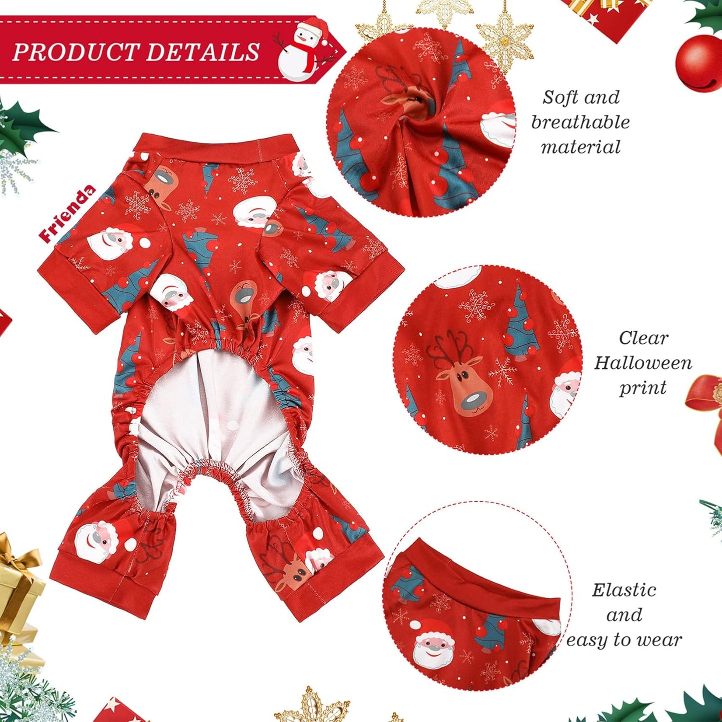 3 Pieces Christmas Dog Pajamas Dog Jumpsuit Santa Snowman Pet Clothes Christmas Pet Pajamas Holiday Costume Jumpsuit for Puppy Cat(Classic Pattern,L (Fit 7.7-9.9Lbs))
