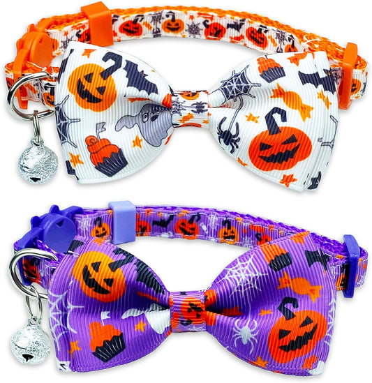 Halloween Cat Collar with Bell, Kitty Kitten Holiday Bow Tie Collar Breakaway 2 Pack for Girl and Boys Male Female