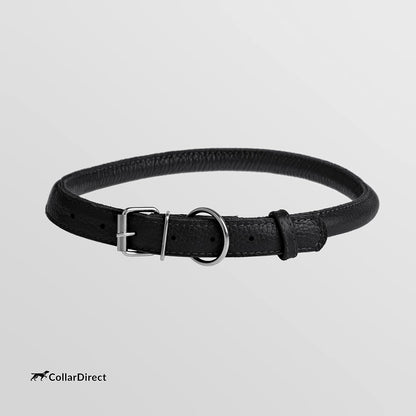 Rolled Leather Dog Collar, Soft Padded round Puppy Collar, Handmade Genuine Leather Collar Dog Small Large Cat Collars 13 Colors (8-11 Inch, Black Textured)