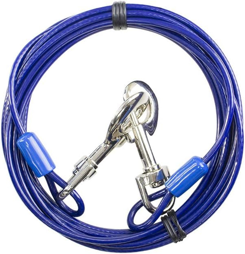 Dog Tie Out Cable 15 Feet - Heavy Duty Dog Lead up to 60 Pounds - Reflective & Rust-Free with Quick Release Swivel Clips & 360° Rotating Clasp - Tangle-Free Dogs Runner for Yard (Blue, Single)