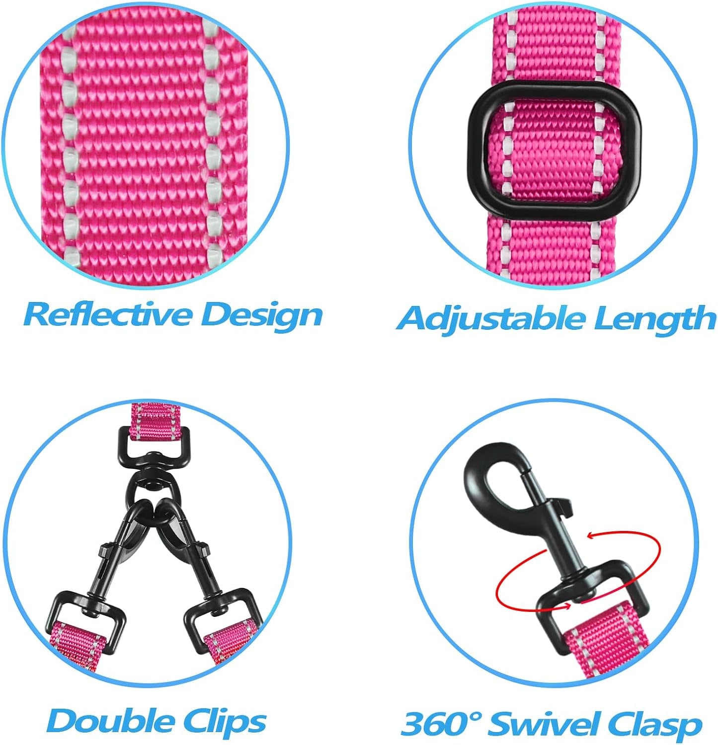 Double Dog Leash, No Tangle Dual Leash, Reflective Walking Training Lead, 4 Comfortable Padded Handles for 2 Dogs with Collapsible Bowl and Waste Bags (Pink, Large)
