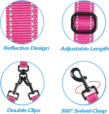 Double Dog Leash, No Tangle Dual Leash, Reflective Walking Training Lead, 4 Comfortable Padded Handles for 2 Dogs with Collapsible Bowl and Waste Bags (Pink, Large)