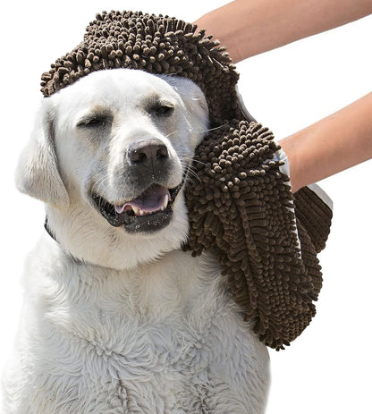 Soggy Doggy Super Shammy Dog Towel - Microfiber Chenille Towel for Drying Dogs and Cleaning Paws - Fast Drying with Hand Pockets for Ease (Dark Chocolate/Oatmeal Trim, 31” X 14”)