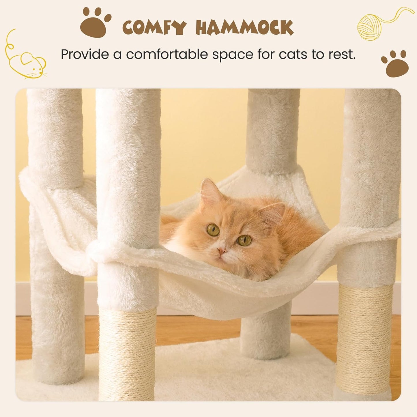 63.8 Inches Multi-Level Cat Tree for Large Cats with Sisal-Covered Scratching Posts, Padded Platform, Hammock and Condo,Stable Cat Tower Cat Condo Pet Play House-Beige