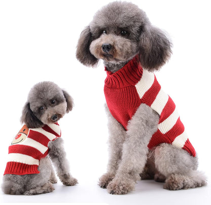Dog Christmas Sweater Cute Reindeer Stripped Cat Ugly Xmas Outfit Holiday Puppy Costumes Fall Winter Knitted Pet Clothes for Small Medium Large Dogs Cats(S,Red)