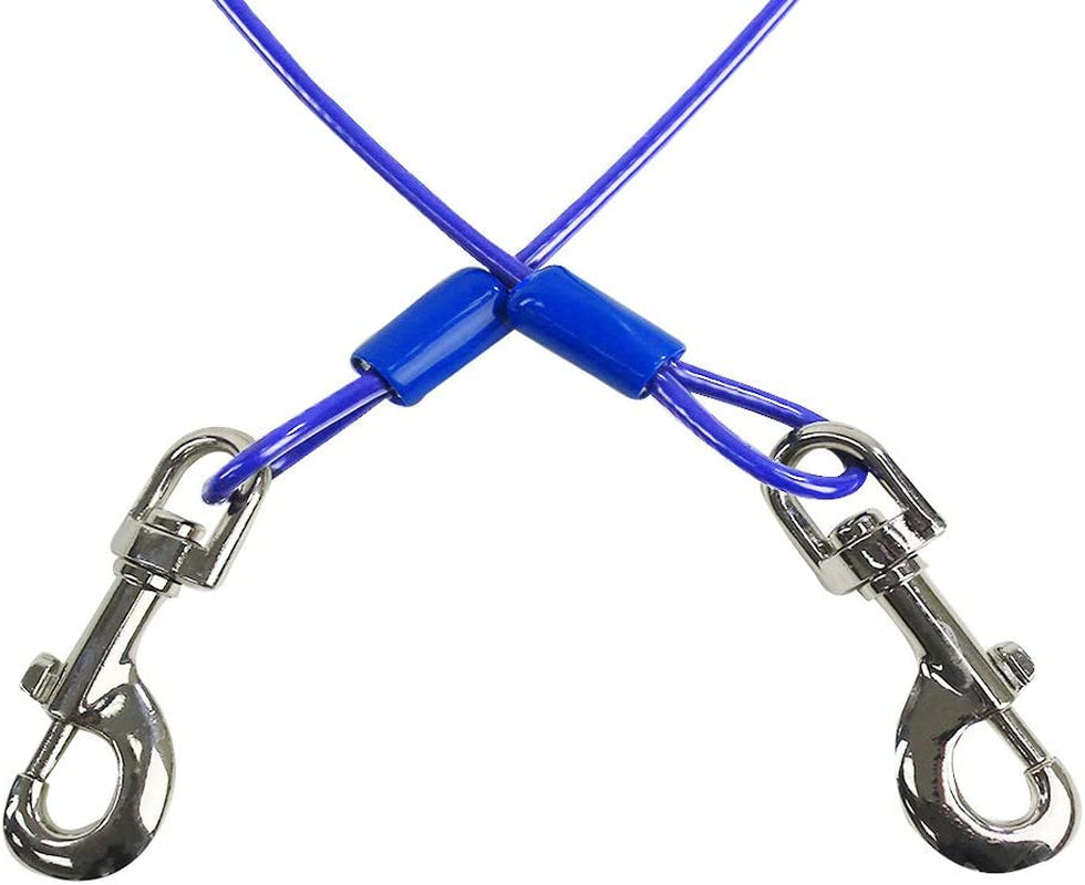 Dog Tie Out Cable 15 Feet - Heavy Duty Dog Lead up to 60 Pounds - Reflective & Rust-Free with Quick Release Swivel Clips & 360° Rotating Clasp - Tangle-Free Dogs Runner for Yard (Blue, Single)