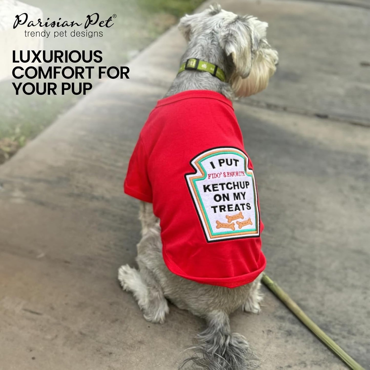 Dog Shirt - Embroidered “I Put Ketchup on My Treats“ - 100% Cotton and Polyester Dog Clothes - Sleeved, Lightweight Costume for Dogs - Red Shirts for Small Dogs - Pet Costumes - S