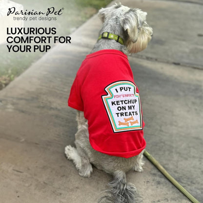 Dog Shirt - Embroidered “I Put Ketchup on My Treats“ - 100% Cotton and Polyester Dog Clothes - Sleeved, Lightweight Costume for Dogs - Red Shirts for Small Dogs - Pet Costumes - S