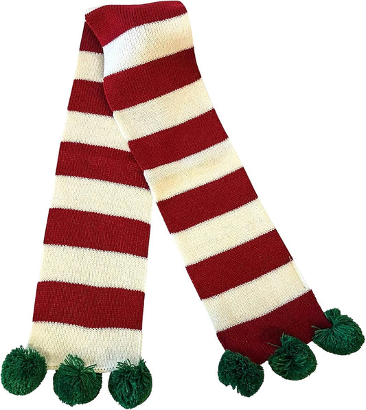Christmas Striped Dog Scarf- Red/White & Green Pom Pom