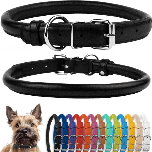 Rolled Leather Dog Collar, Soft Padded round Puppy Collar, Handmade Genuine Leather Collar Dog Small Large Cat Collars 13 Colors (8-11 Inch, Black Textured)
