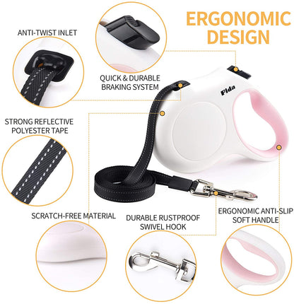 Retractable Dog Leash for Small Breed up to 26 Lbs, 16 Ft Pet Walking Leash with Dispenser and Poop Bags, Anti-Slip Handle, Reflective Strong Nylon Tape, One-Handed Brake (S, White & Pink)
