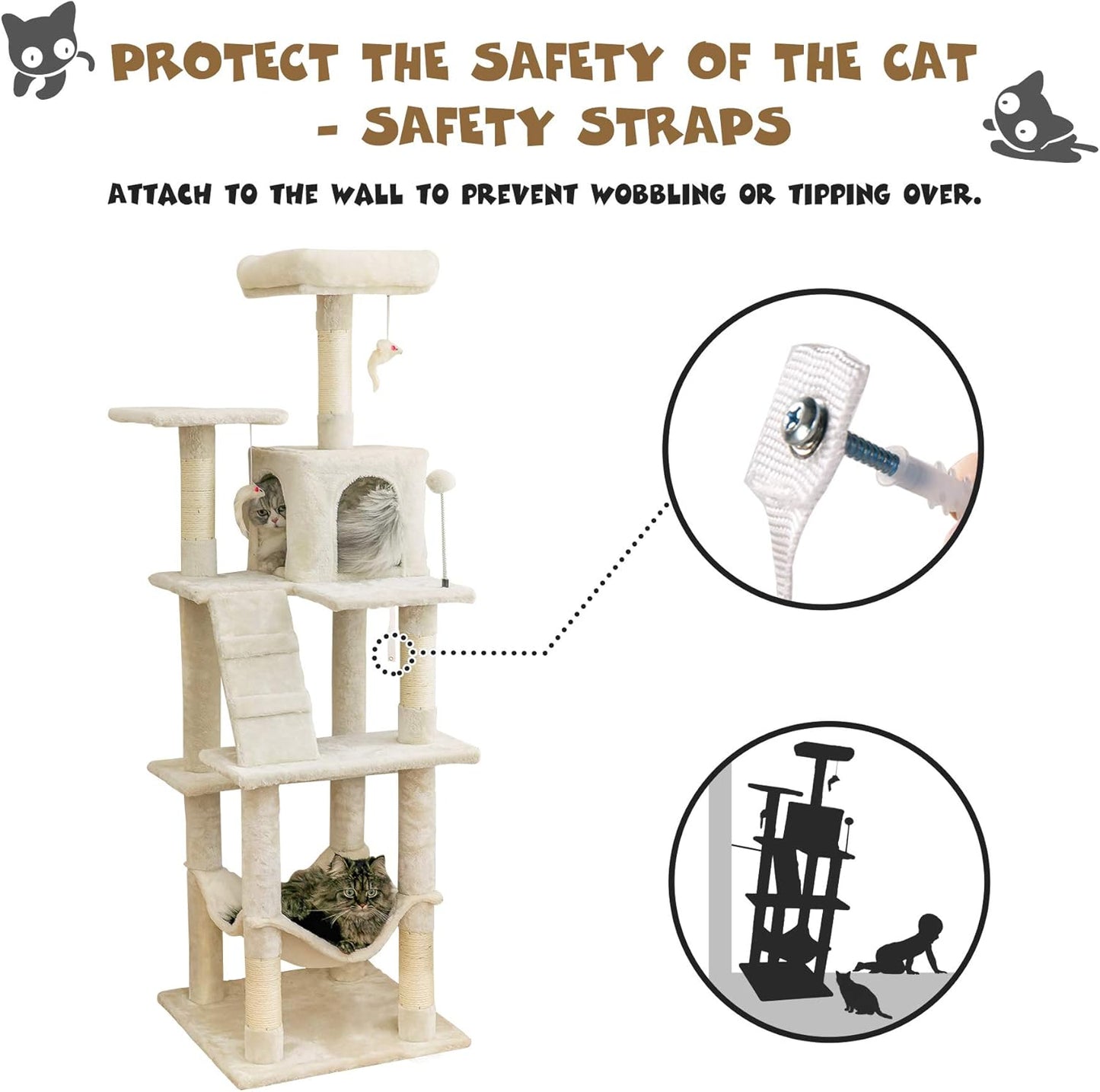 63.8 Inches Multi-Level Cat Tree for Large Cats with Sisal-Covered Scratching Posts, Padded Platform, Hammock and Condo,Stable Cat Tower Cat Condo Pet Play House-Beige