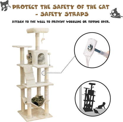 63.8 Inches Multi-Level Cat Tree for Large Cats with Sisal-Covered Scratching Posts, Padded Platform, Hammock and Condo,Stable Cat Tower Cat Condo Pet Play House-Beige