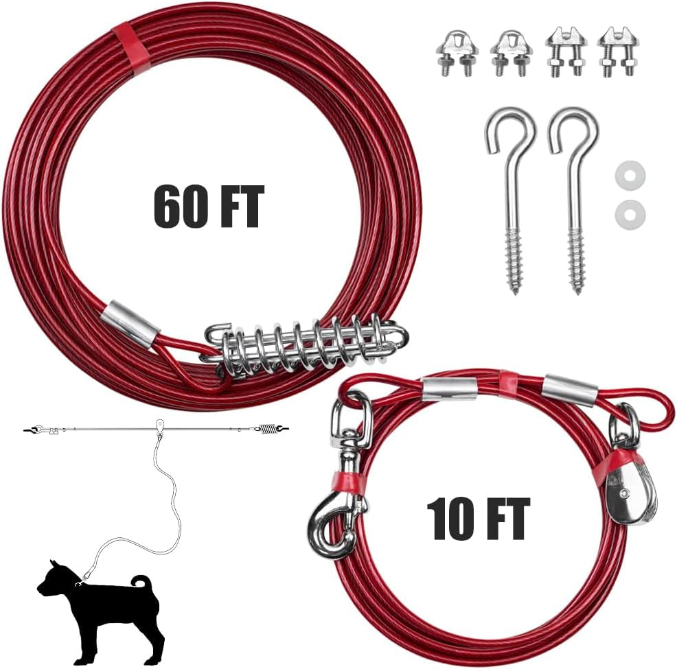 Dog Tie Out Trolley System for Yard - 60Ft Dog Run Cable with 10Ft Pulley Runner Lead - Heavy Duty Reflective Cable for Dogs up to 125 Lbs, Rust-Resistant & Tangle-Free Outdoor Runner