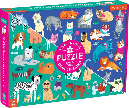 Cats and Dogs Double-Sided Puzzle, 100 Pieces, 22”X16.5” – Perfect Family Puzzle for Ages 6+ - Colorful Illustrations of Dogs on One Side and Cats on the Other – Two Fun Puzzles in One Box