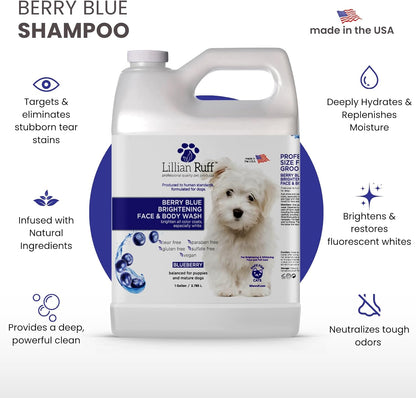 PRO Formula Berry Blue Brightening Pet Shampoo - Ultra-Hydrating Professional Whitening Dog Shampoo, Vivid Show-Quality Coat Enhancer, Tear Stain & Odor Eliminator, Vitamin B5, 128Oz+Pump