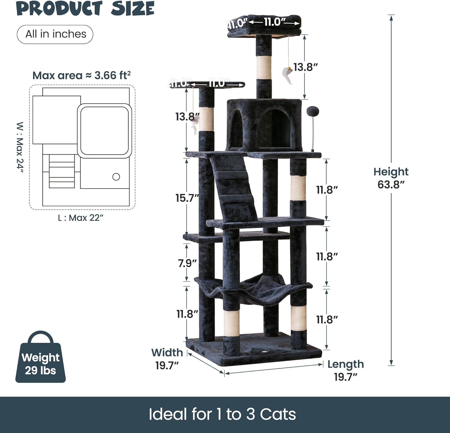 63.8 Inches Multi-Level Cat Tree for Large Cats with Sisal-Covered Scratching Posts, Padded Platform, Hammock and Condo,Stable Cat Tower Cat Condo Pet Play House-Smoky Gray