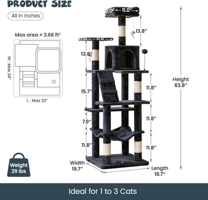 63.8 Inches Multi-Level Cat Tree for Large Cats with Sisal-Covered Scratching Posts, Padded Platform, Hammock and Condo,Stable Cat Tower Cat Condo Pet Play House-Smoky Gray
