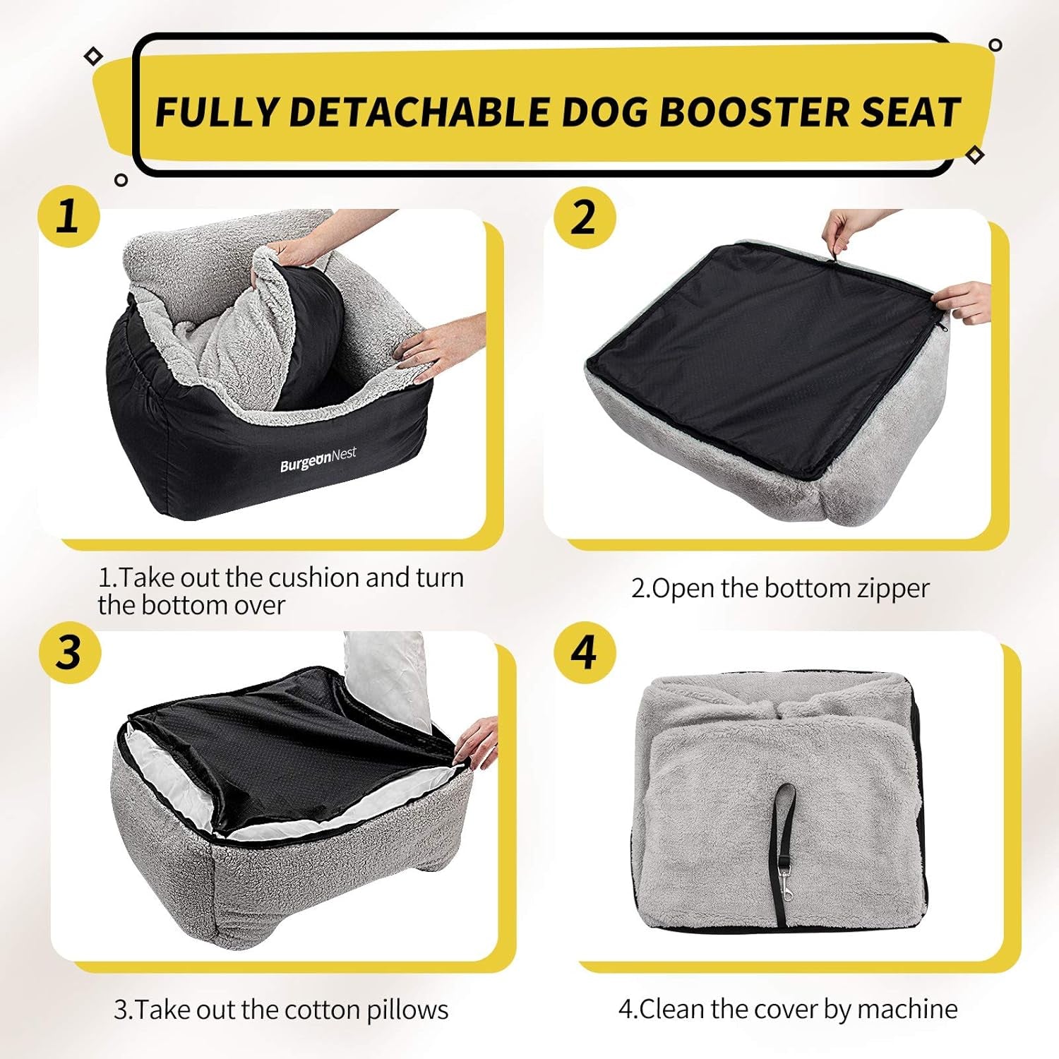 Dog Car Seat for Small Dogs, Soft Pet Car Travel Home Bed under 25 Lbs, Fully Detachable and Washable Cat Booster Carseats with Storage Pockets and Clip-On Leash Portable Carrier,Black