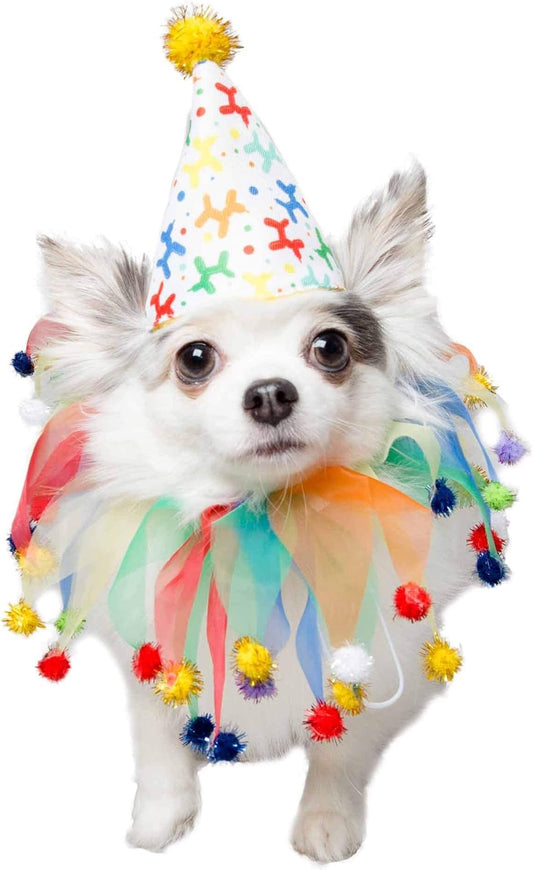 Dog Clown Costume Happy Birthday Hat & Collar Outfit | 1St Bday Party, National Cat Day, Photo Shoots & Celebrations | Doggie & Puppy Clothes | Ideal Gift for Small, Medium & Large Pets