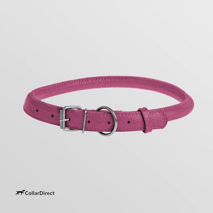 Rolled Leather Dog Collar, Soft Padded round Puppy Collar, Handmade Genuine Leather Collar Dog Small Large Cat Collars 13 Colors (13-16 Inch, Pink Textured)