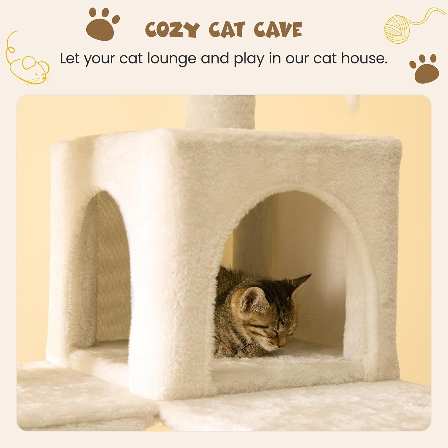 63.8 Inches Multi-Level Cat Tree for Large Cats with Sisal-Covered Scratching Posts, Padded Platform, Hammock and Condo,Stable Cat Tower Cat Condo Pet Play House-Beige