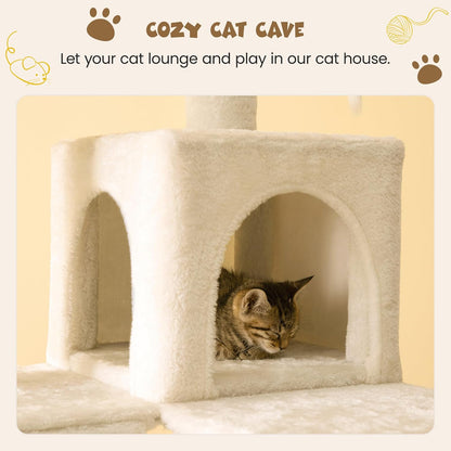 63.8 Inches Multi-Level Cat Tree for Large Cats with Sisal-Covered Scratching Posts, Padded Platform, Hammock and Condo,Stable Cat Tower Cat Condo Pet Play House-Beige