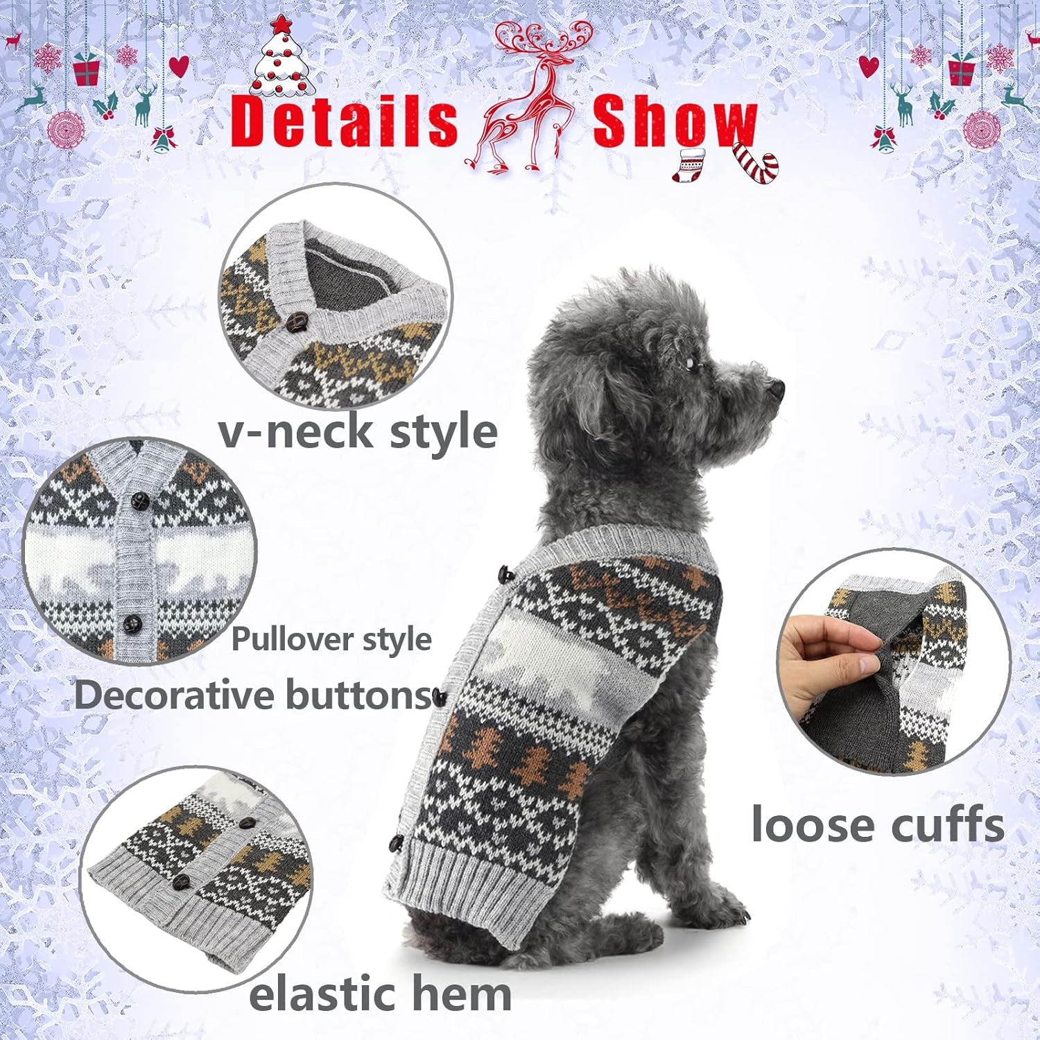 Dog Christmas Sweater Classical Argyle Knitted Cat Ugly Xmas Outfit Holiday Puppy Costumes Soft Fall Winter Warm Pet Sweater Vest Clothes for Small Medium Large Dogs Cats(S,Grey)
