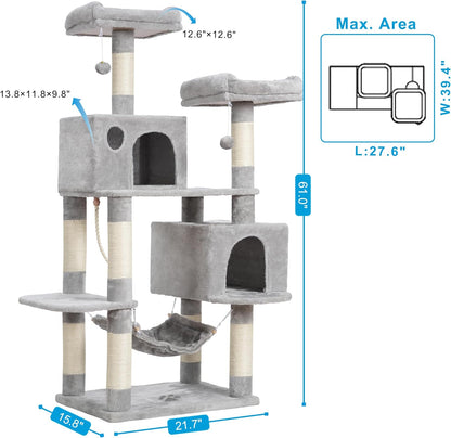 Large Multi-Level Cat Tree Condo Furniture with Sisal-Covered Scratching Posts, 2 Bigger Plush Condos, Perch Hammock for Kittens, Cats and Pets Light Gray MPJ020W