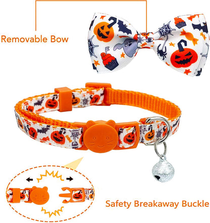 Halloween Cat Collar with Bell, Kitty Kitten Holiday Bow Tie Collar Breakaway 2 Pack for Girl and Boys Male Female