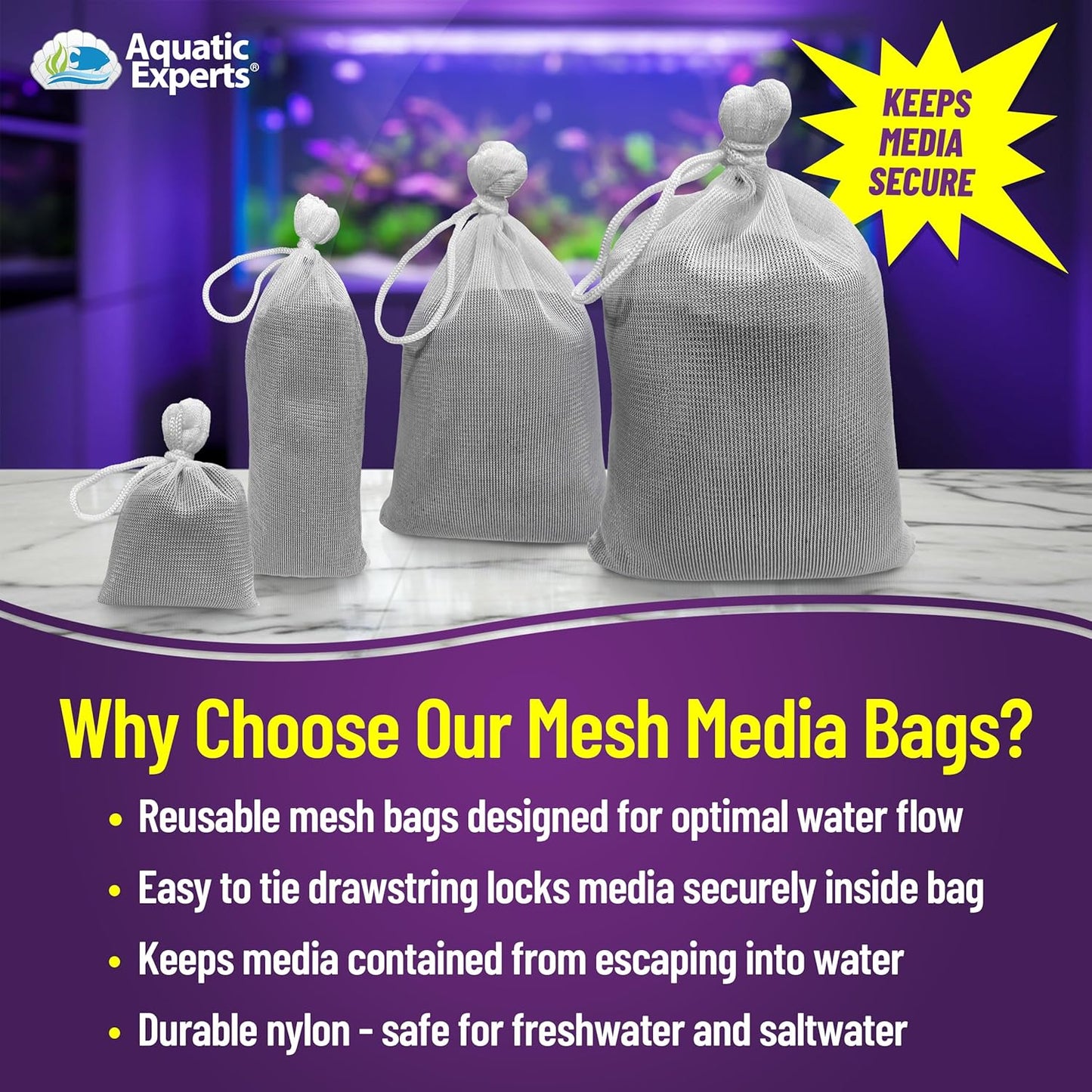 Fine Aquarium Media Bag, Durable Drawstring Bags for Fish Tank Filters, 450 Micron Mesh, (Fine, 3"X 8" - 4 Pack)
