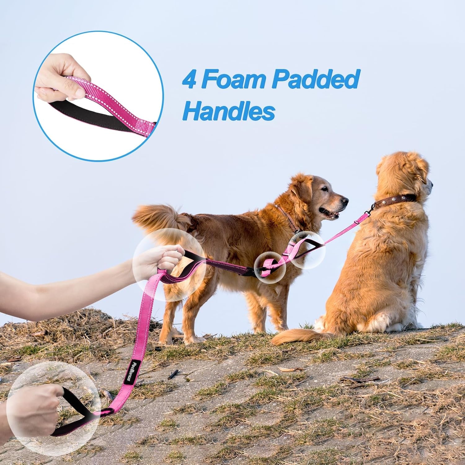 Double Dog Leash, No Tangle Dual Leash, Reflective Walking Training Lead, 4 Comfortable Padded Handles for 2 Dogs with Collapsible Bowl and Waste Bags (Pink, Large)