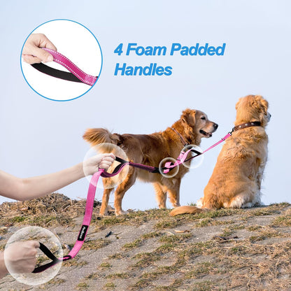 Double Dog Leash, No Tangle Dual Leash, Reflective Walking Training Lead, 4 Comfortable Padded Handles for 2 Dogs with Collapsible Bowl and Waste Bags (Pink, Large)