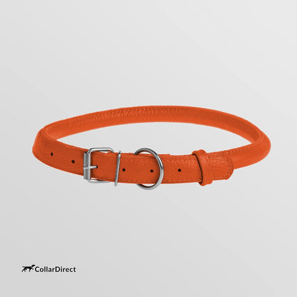 Rolled Leather Dog Collar, Soft Padded round Puppy Collar, Handmade Genuine Leather Collar Dog Small Large Cat Collars 13 Colors (8-11 Inch, Orange Textured)